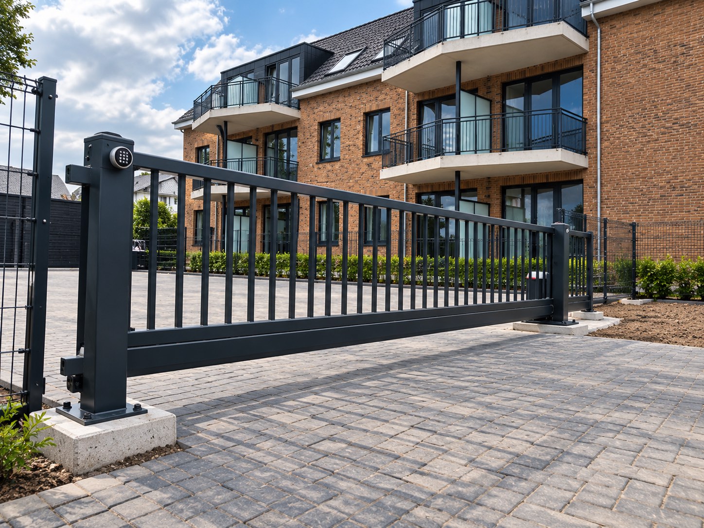 Antraciet schuifpoort met codeslot voor een appartementencomplex